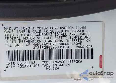 2000 Lexus Es 300 из США, поврежденный, VIN JT8BF28G3Y5085014